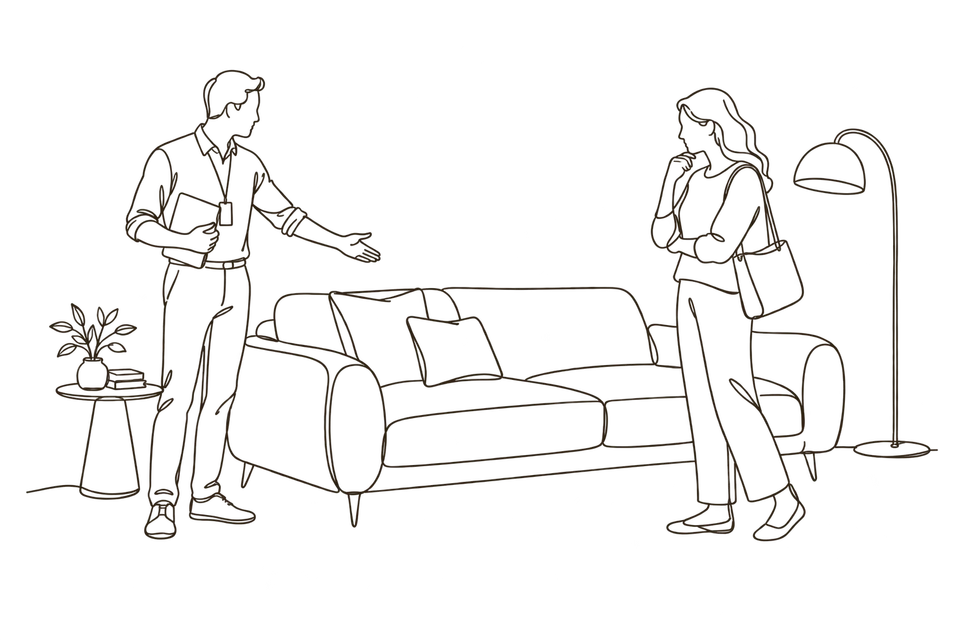 Ilustração em traço contínuo de um colaborador a apresentar um sofá a uma cliente na loja